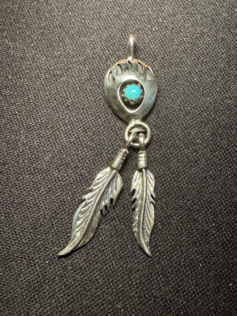 Vintage Running Bear Signed Turquoise with 2 Dangling Feathers Pendant